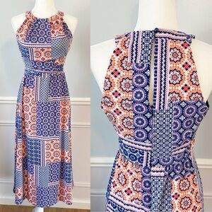 Kut from the Kloth Midi Dress Boho Round Halter Strapless Blue & Orange Size 4